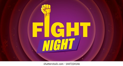 Fight night vector modern poster with text and strong fist. mma, wrestling or fight club emblem design template. fight label isolated on on violet background 