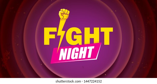 Fight night vector modern poster with text and strong fist. mma, wrestling or fight club emblem design template. fight label isolated on on violet background 