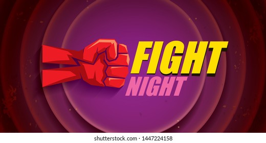 Fight night vector modern poster with text and strong fist. mma, wrestling or fight club emblem design template. fight label isolated on on violet background 
