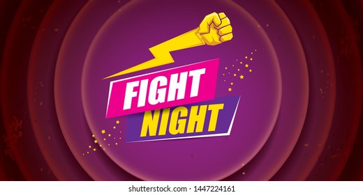 Fight night vector modern poster with text and strong fist. mma, wrestling or fight club emblem design template. fight label isolated on on violet background 