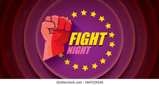 Fight night vector modern poster with text and strong fist. mma, wrestling or fight club emblem design template. fight label isolated on on violet background 