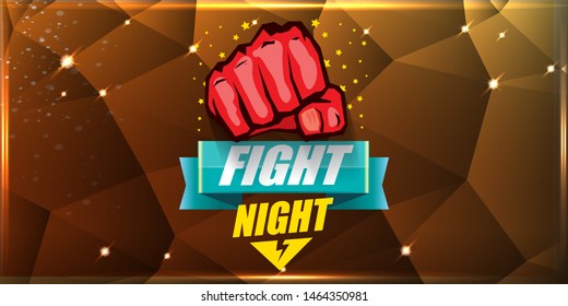 Fight night vector modern poster with text and strong fist. mma, wrestling or fight club emblem design template. fight label isolated on golden crystal banner background