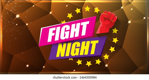 Fight night vector modern poster with text and strong fist. mma, wrestling or fight club emblem design template. fight label isolated on golden crystal banner background