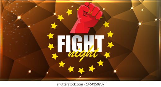 Fight night vector modern poster with text and strong fist. mma, wrestling or fight club emblem design template. fight label isolated on golden crystal banner background