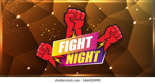 Fight night vector modern poster with text and strong fist. mma, wrestling or fight club emblem design template. fight label isolated on golden crystal banner background