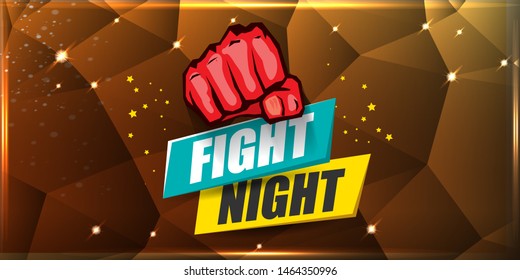 Fight night vector modern poster with text and strong fist. mma, wrestling or fight club emblem design template. fight label isolated on golden crystal banner background