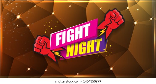 Fight night vector modern poster with text and strong fist. mma, wrestling or fight club emblem design template. fight label isolated on golden crystal banner background