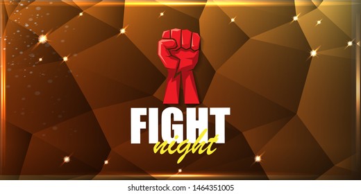 Fight night vector modern poster with text and strong fist. mma, wrestling or fight club emblem design template. fight label isolated on golden crystal banner background