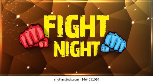 Fight night vector modern poster with text and strong fist. mma, wrestling or fight club emblem design template. fight label isolated on golden crystal banner background