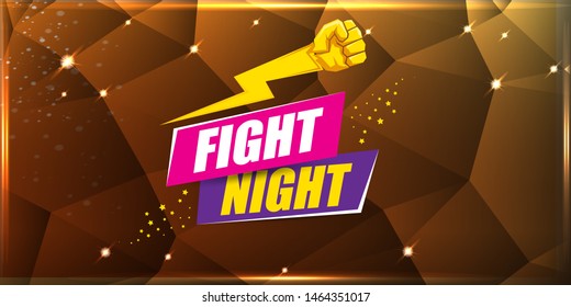Fight night vector modern poster with text and strong fist. mma, wrestling or fight club emblem design template. fight label isolated on golden crystal banner background