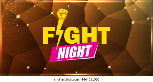 Fight night vector modern poster with text and strong fist. mma, wrestling or fight club emblem design template. fight label isolated on golden crystal banner background