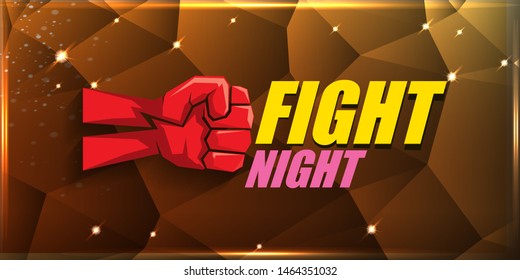 Fight night vector modern poster with text and strong fist. mma, wrestling or fight club emblem design template. fight label isolated on golden crystal banner background