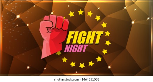 Fight night vector modern poster with text and strong fist. mma, wrestling or fight club emblem design template. fight label isolated on golden crystal banner background