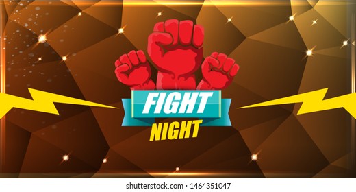 Fight night vector modern poster with text and strong fist. mma, wrestling or fight club emblem design template. fight label isolated on golden crystal banner background