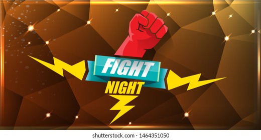 Fight night vector modern poster with text and strong fist. mma, wrestling or fight club emblem design template. fight label isolated on golden crystal banner background