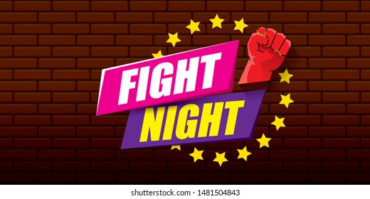 Póster moderno del Vector de la noche de la lucha con el texto y el puño fuerte. Plantilla del diseño del emblema del club de la lucha libre o de lucha aislada en el fondo rojo del Anuncio de la pared del ladrillo del grunge