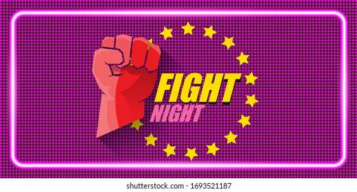 Fight night vector modern poster with text and strong fist. mma, wrestling or fight club emblem design template. fight label isolated on neon violet background