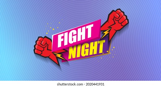 Kämpfe Nacht Vektor modernen Poster mit Text und starke Faust. mma, ringen oder bekämpfen Club Emblem Design Vorlage. Kampfflugzeug einzeln auf modernem violettem Hintergrund