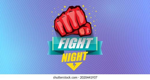 Fight night vector modern poster with text and strong fist. mma, wrestling or fight club emblem design template. fight label isolated on modern violet banner background