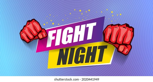 Fight night vector modern poster with text and strong fist. mma, wrestling or fight club emblem design template. fight label isolated on modern violet banner background