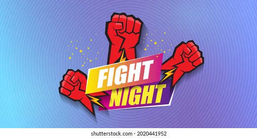 Fight night vector modern poster with text and strong fist. mma, wrestling or fight club emblem design template. fight label isolated on modern violet banner background