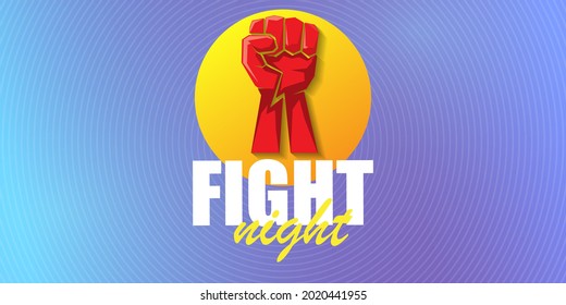 Fight night vector modern poster with text and strong fist. mma, wrestling or fight club emblem design template. fight label isolated on modern violet banner background