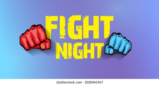 Fight night vector modern poster with text and strong fist. mma, wrestling or fight club emblem design template. fight label isolated on modern violet banner background