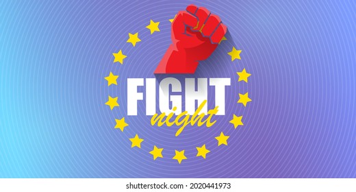 Fight night vector modern poster with text and strong fist. mma, wrestling or fight club emblem design template. fight label isolated on modern violet banner background