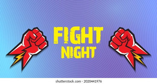 Fight night vector modern poster with text and strong fist. mma, wrestling or fight club emblem design template. fight label isolated on modern violet banner background