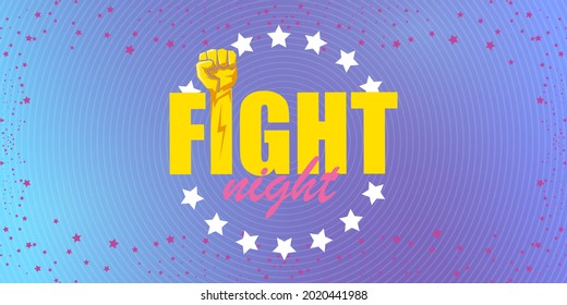 Fight night vector modern poster with text and strong fist. mma, wrestling or fight club emblem design template. fight label isolated on modern violet banner background