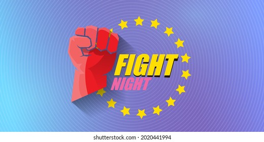 Fight night vector modern poster with text and strong fist. mma, wrestling or fight club emblem design template. fight label isolated on modern violet banner background