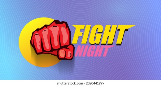 Fight night vector modern poster with text and strong fist. mma, wrestling or fight club emblem design template. fight label isolated on modern violet banner background