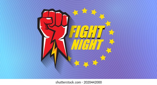 Fight night vector modern poster with text and strong fist. mma, wrestling or fight club emblem design template. fight label isolated on modern violet banner background