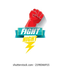 Fight night vector modern poster with text and strong fist. mma, wrestling or fight club emblem design template with red strong fist. Fight night label, icon, banner isolated on white background