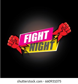 Fight night vector modern poster with text and red strong fist. mma, wrestling or fight club emblem design template