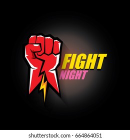 Fight night vector modern poster with text and red strong fist. mma, wrestling or fight club emblem design template