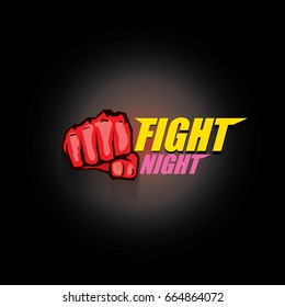 Fight night vector modern poster with text and red strong fist. mma, wrestling or fight club emblem design template