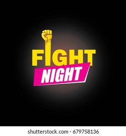 Fight night vector modern poster with text and strong fist. mma, wrestling or fight club emblem design template