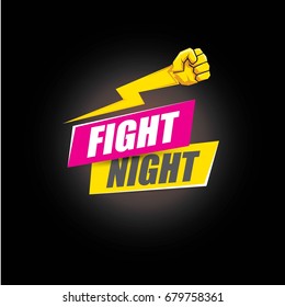 Fight night vector modern poster with text and strong fist. mma, wrestling or fight club emblem design template