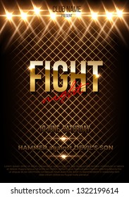Fight night vector poster template with text space. MMA, wrestling, boxing banner layout with copyspace. Spotlights, projectors effect. Glossy, shiny, stylized lettering. Championship, competition