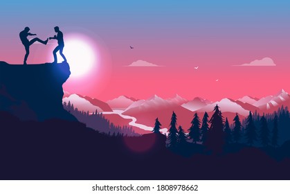 Fight on cliff - Two men fighting on dangerous cliff in nature landscape. Eliminate competition, conflict and rivalry concept. Vector illustration.