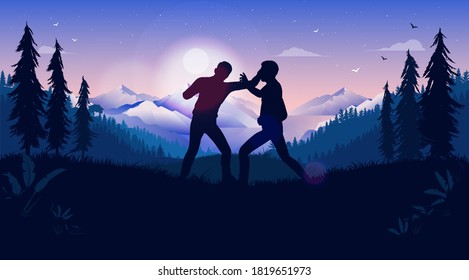 Fight outside - Two men fighting outdoors in cold weather while sun is going down. Anger and violence concept. Vector illustration.