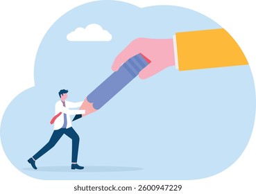 Fight for personal development. Big hand pulling a pencil tug of war with a small businessman

