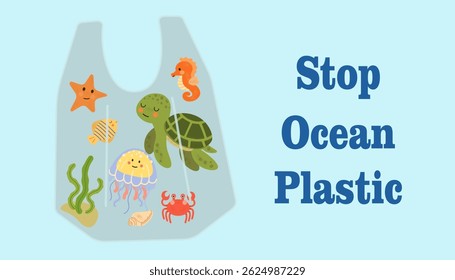 Fight plastic pollution. World Oceans Day design with underwater ocean. Ocean pollution. jellyfish, turtle, starfish, water horse, algae started in plastic bags