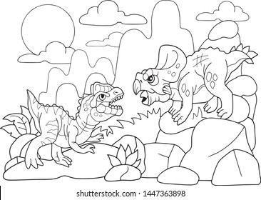 fight prehistoric dinosaur cartoons coloring book funny illustration