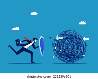 Fight the problem. Businessman running with a shield to prevent chaos