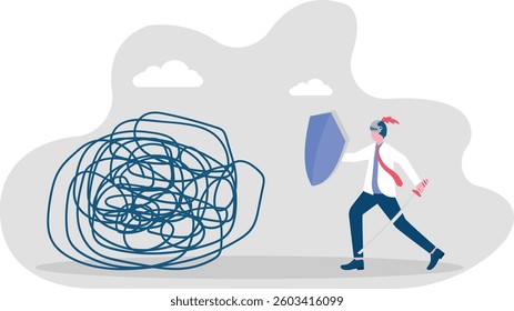 Fight the problem. businessman running with a shield to prevent chaos

