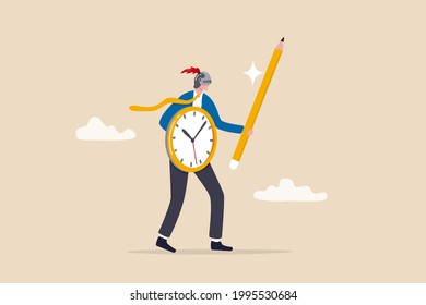 Fight procrastination for productivity master or efficiency professional, time management or project deadline challenge concept, businessman wearing knight helm using clock shield and pencil sword.