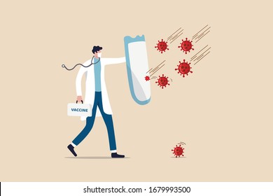 Fight and protect COVID-19 Coronavirus outbreak concept, Doctor wearing sanitary mask with stethoscope holding protective shield and vaccine box to protect from COVID-19 coronavirus pathogens.