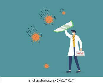 Fight and protect COVID-19 Coronavirus outbreak concept, Doctor wearing medical mask with stethoscope holding protective shield and vaccine bag to protect from COVID-19 coronavirus pathogens